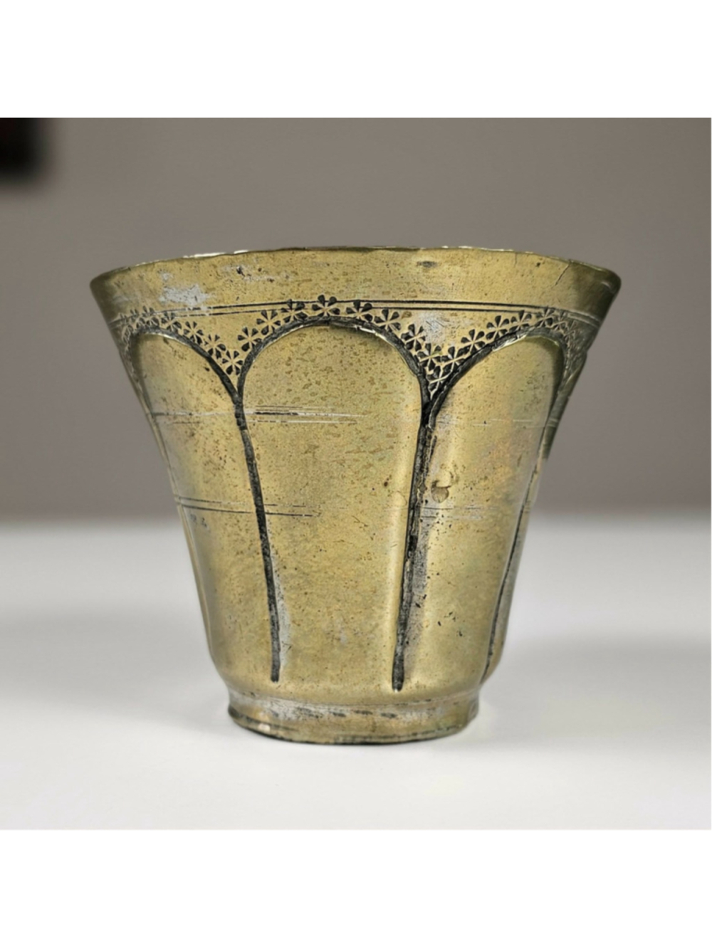 Antique Persian Middle Eastern Tinned Brass Cup Flared Tumbler As Is Decor 3.5"